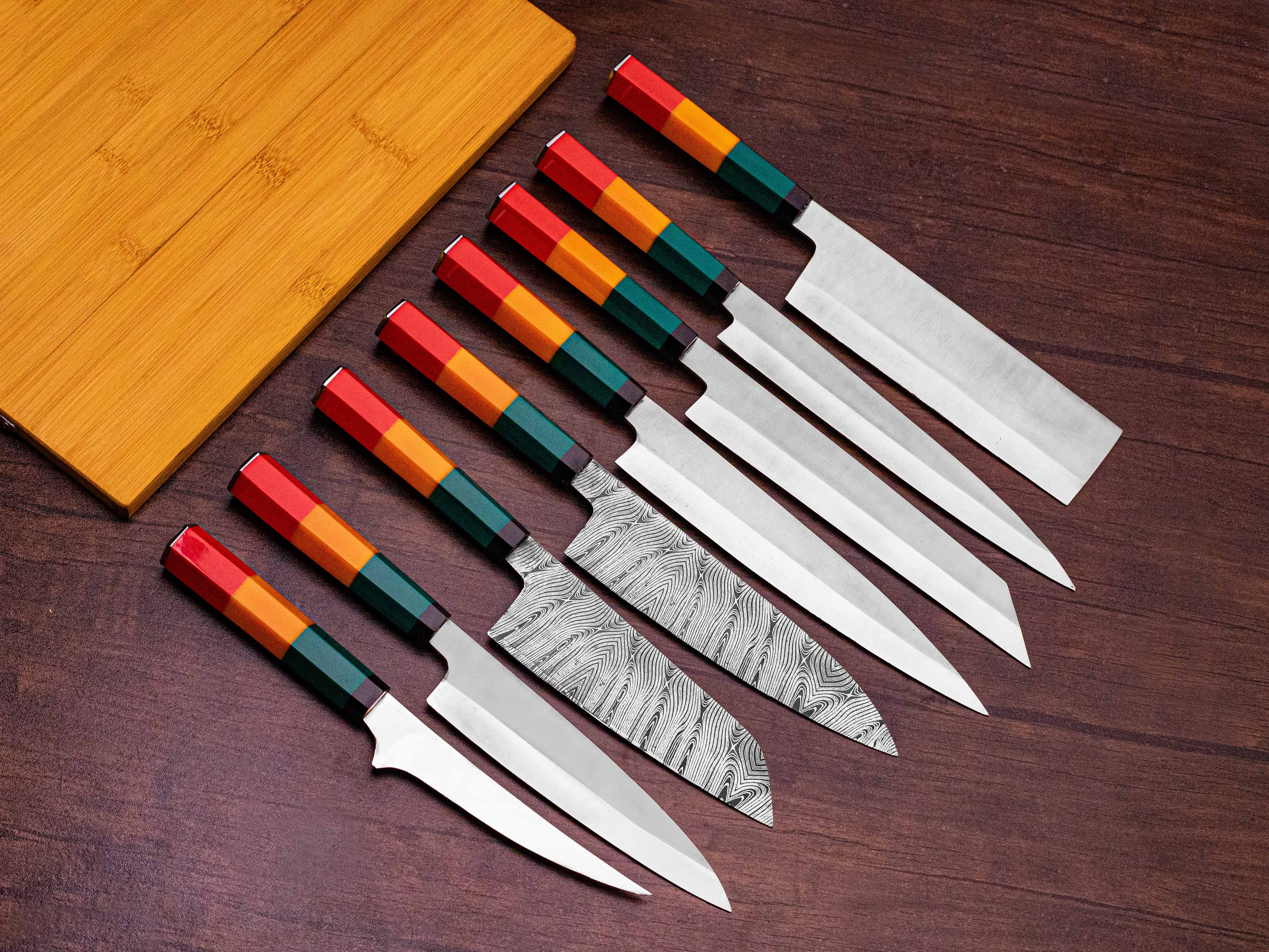 Premium Kitchen Knives with Multicolor Natural Wood Handles & Engraved Steel Blades