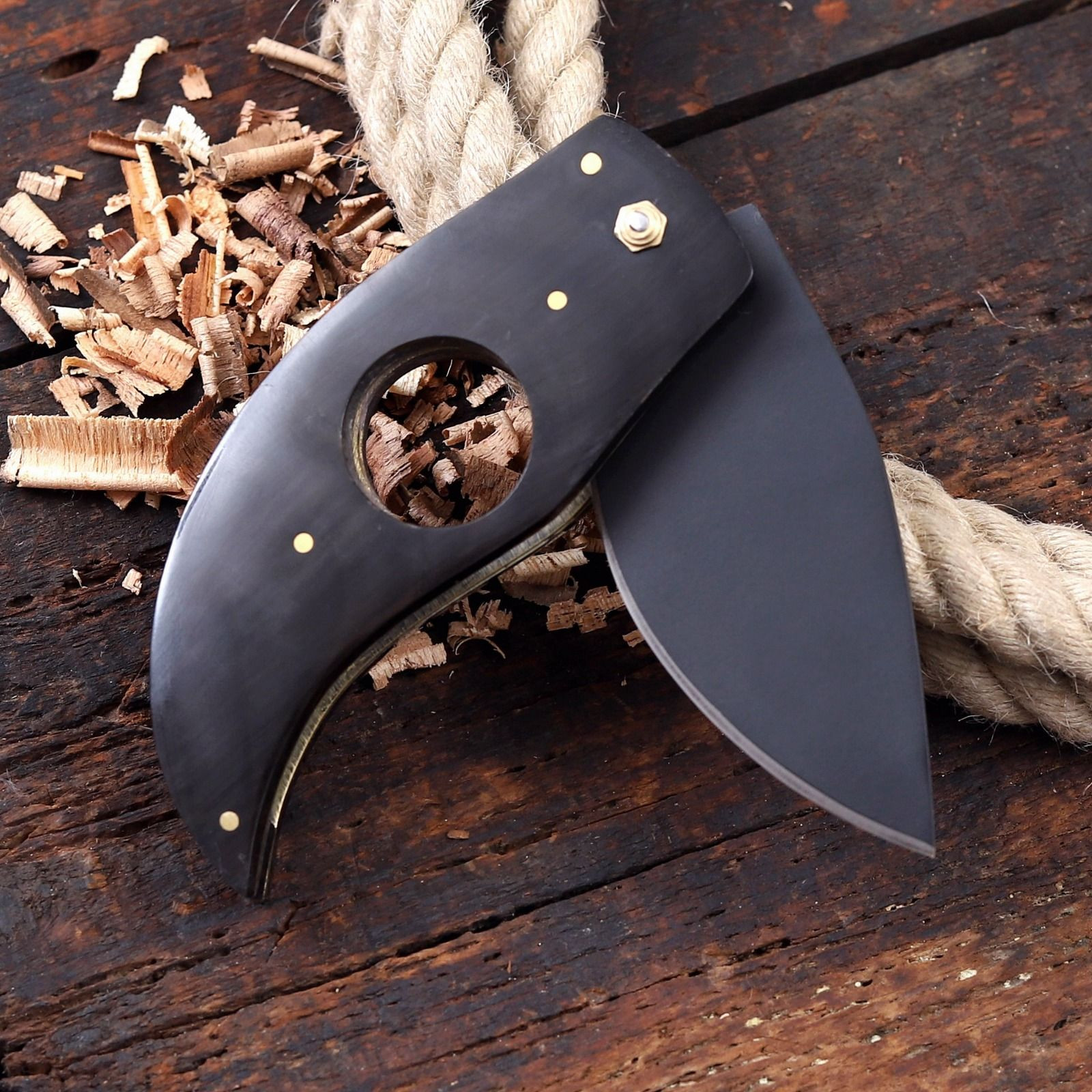 Compact Folding Knife with Black Natural Wood Handle
