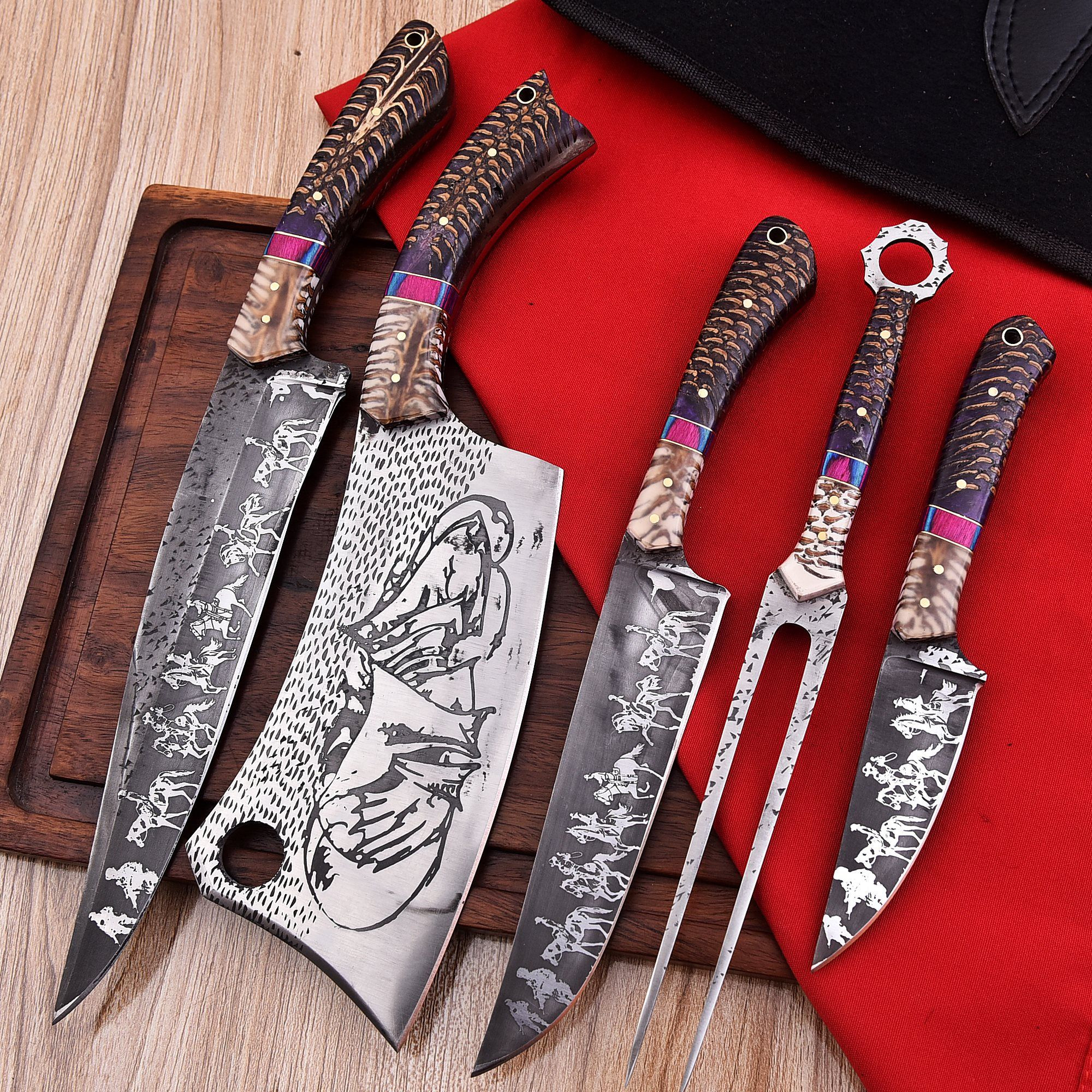 Premium Full Tang Sandvik Steel Knife Set with Engraved Blades & Vibrant Resin Handles