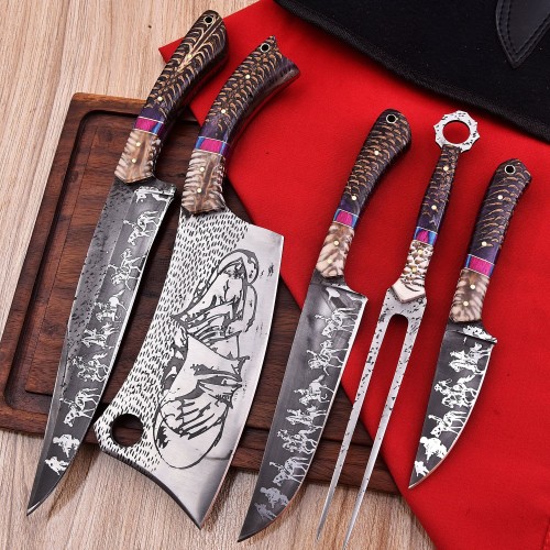 Premium Full Tang Sandvik Steel Knife Set with Engraved Blades & Vibrant Resin Handles