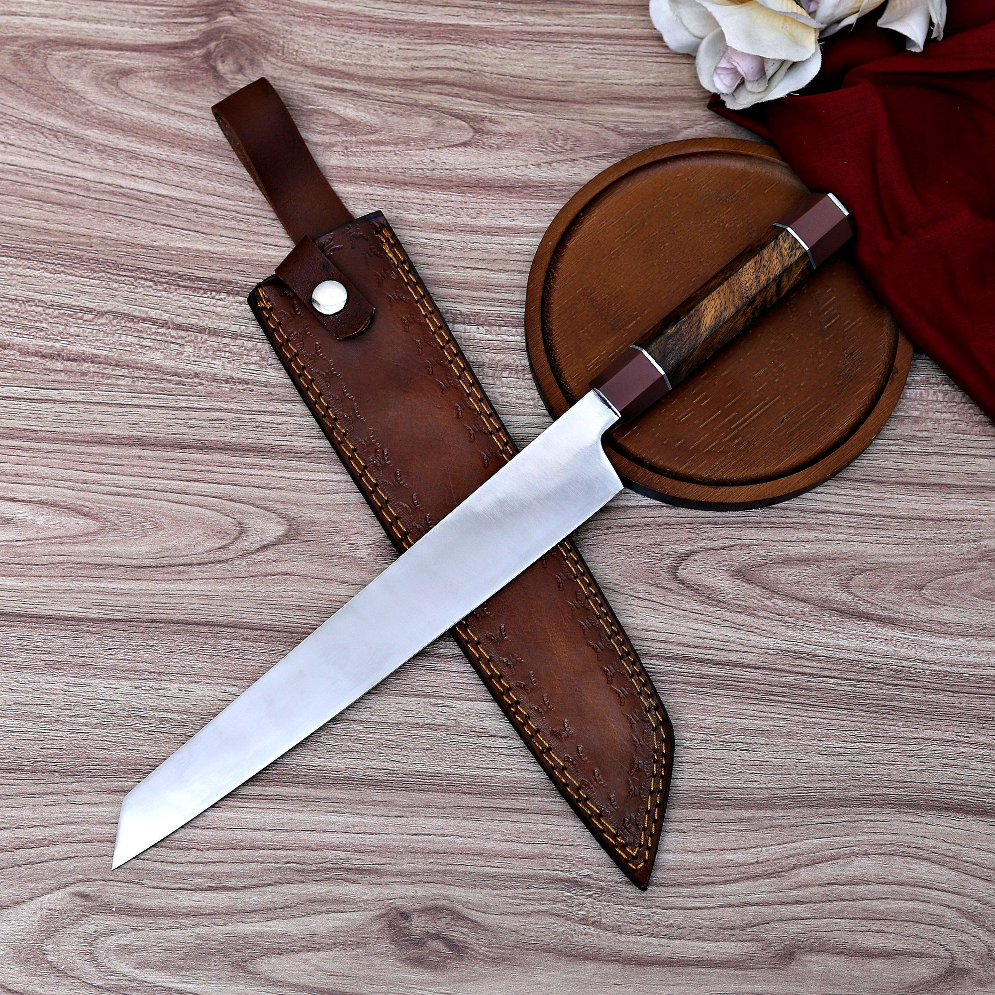 Premium Swedish Steel Chef Knife with Elegant Rosewood Handle & Handcrafted Leather Sheath