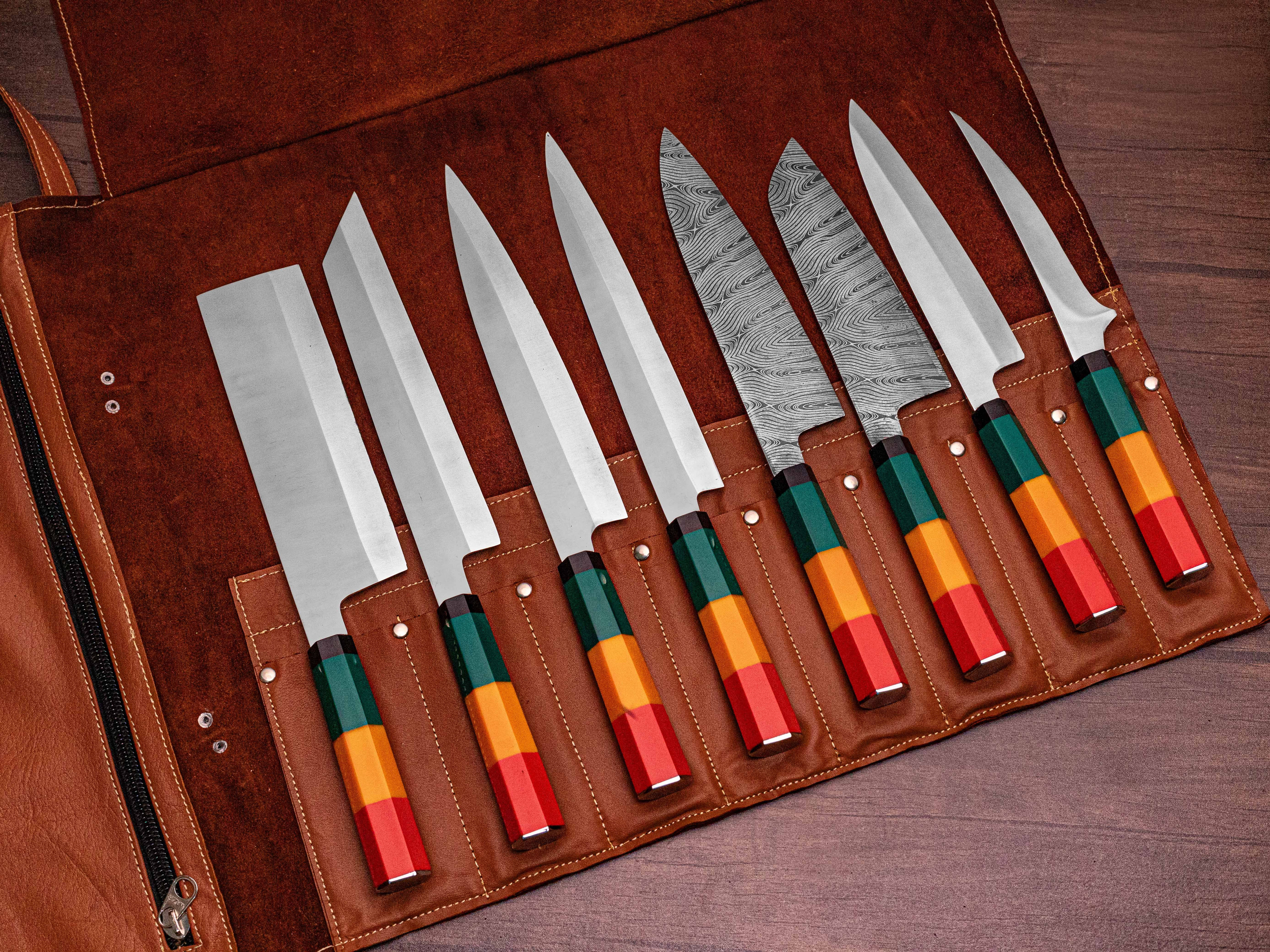 Premium Kitchen Knives with Multicolor Natural Wood Handles & Engraved Steel Blades