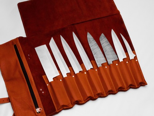 Premium Kitchen Knives with Multicolor Natural Wood Handles & Engraved Steel Blades