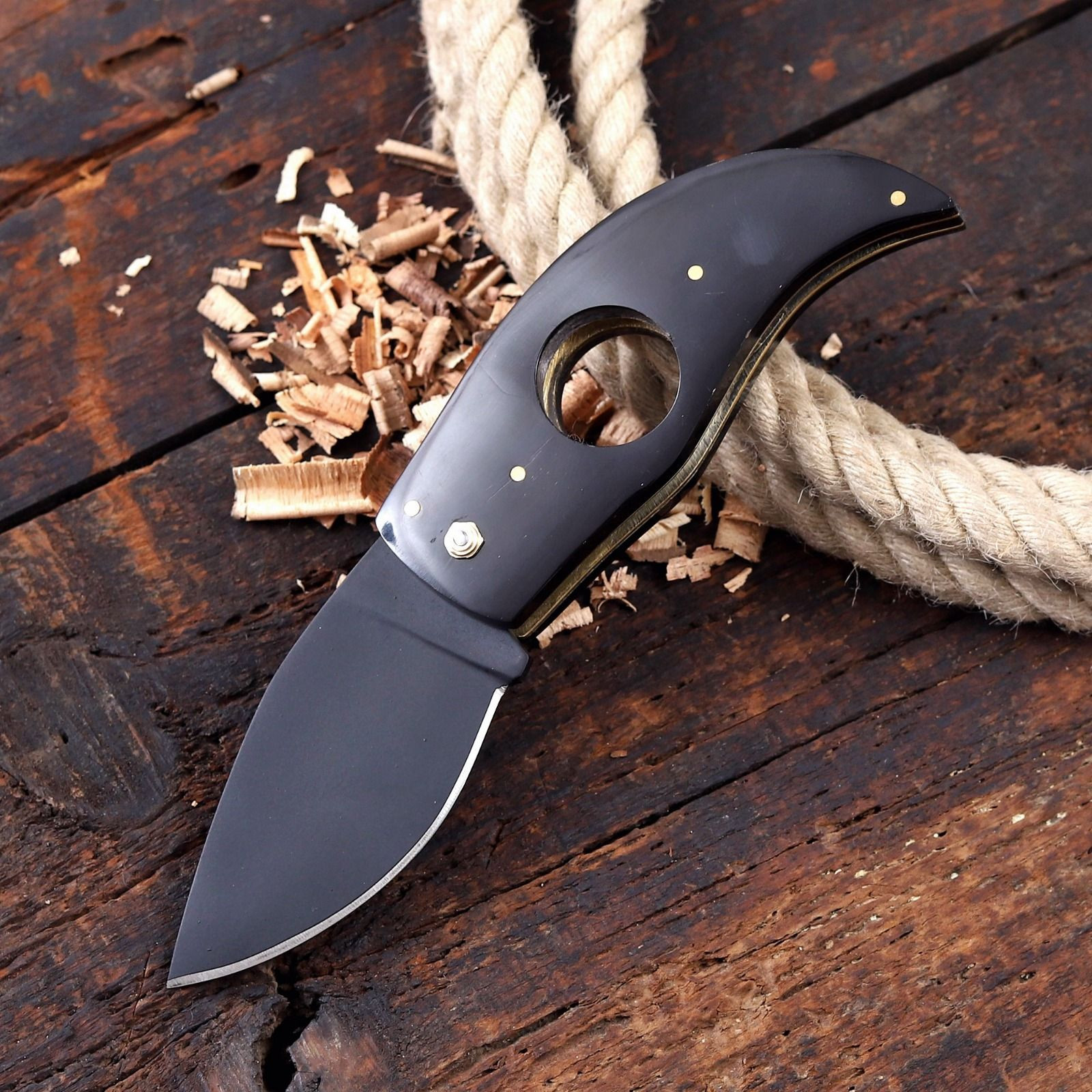 Compact Folding Knife with Black Natural Wood Handle