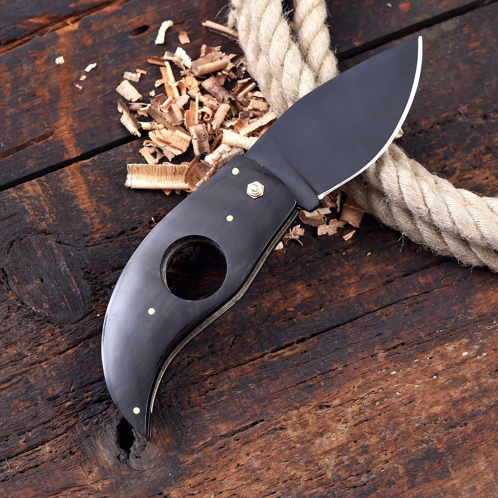Compact Folding Knife with Black Natural Wood Handle