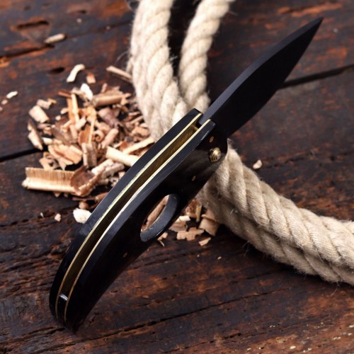 Compact Folding Knife with Black Natural Wood Handle