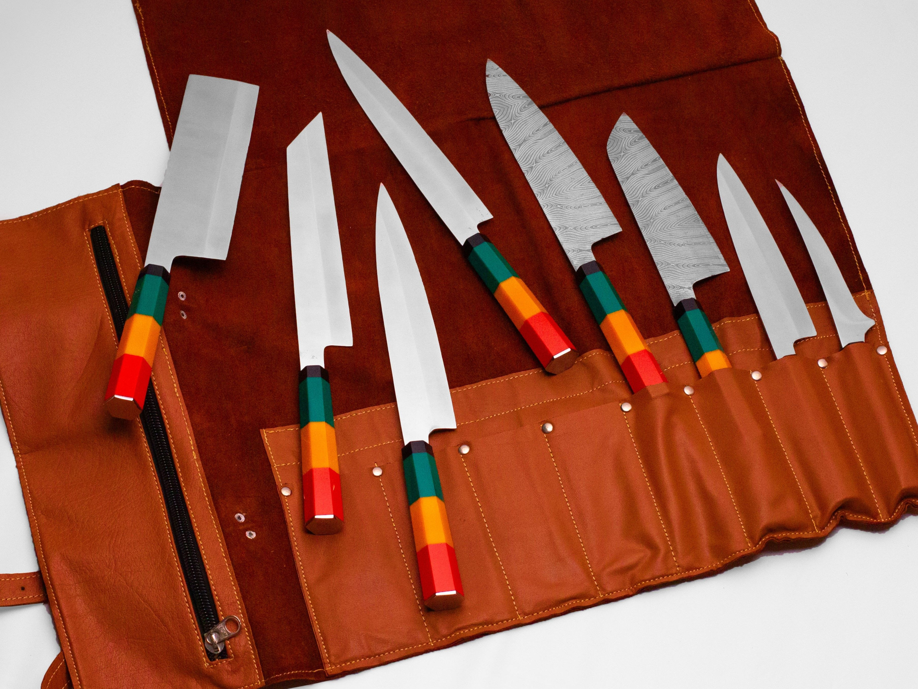Premium Kitchen Knives with Multicolor Natural Wood Handles & Engraved Steel Blades