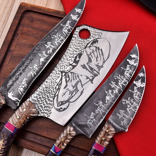 Premium Full Tang Sandvik Steel Knife Set with Engraved Blades & Vibrant Resin Handles