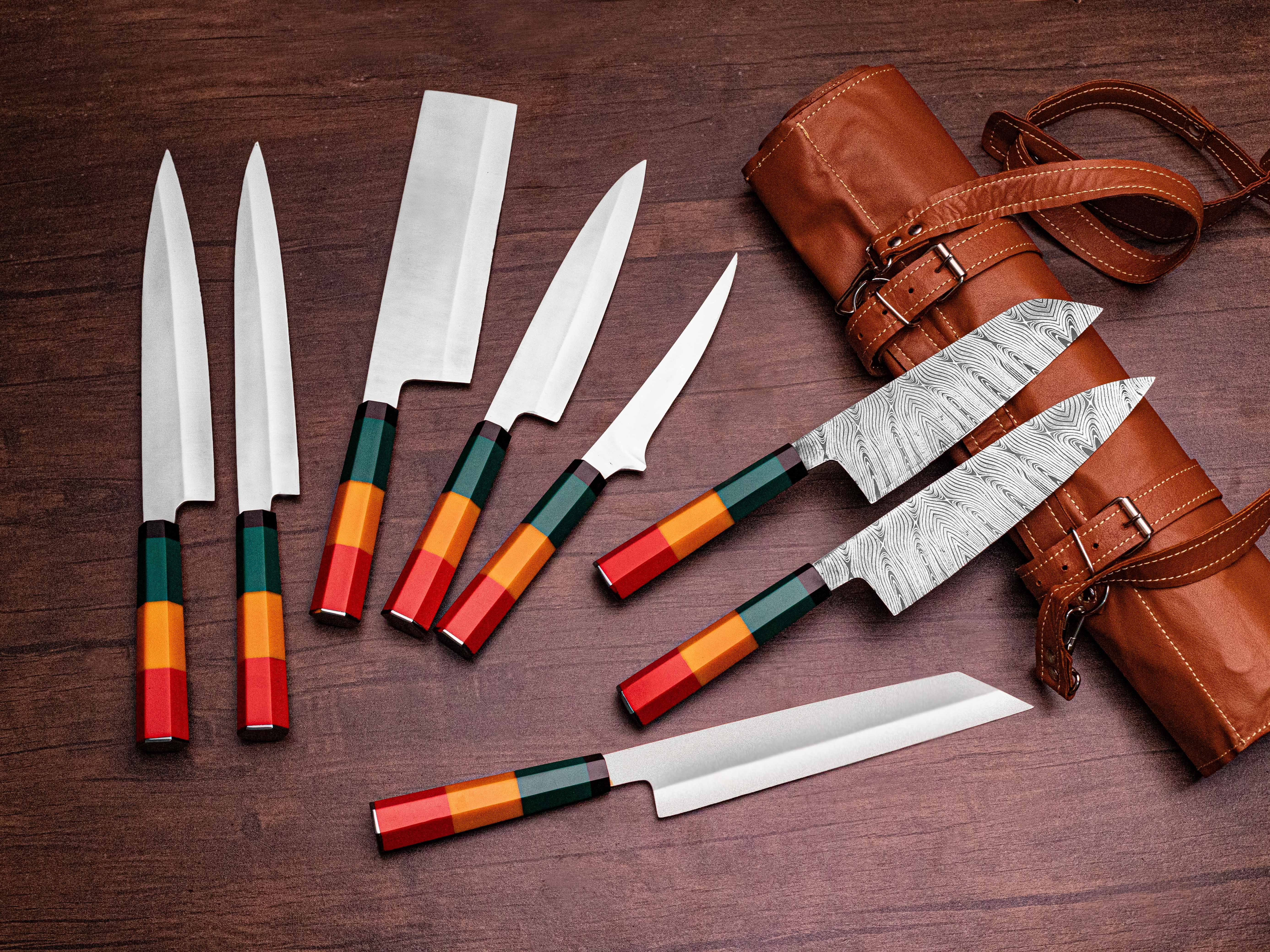 Premium Kitchen Knives with Multicolor Natural Wood Handles & Engraved Steel Blades