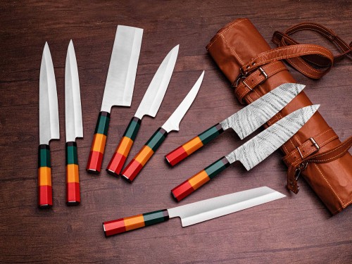 Premium Kitchen Knives with Multicolor Natural Wood Handles & Engraved Steel Blades